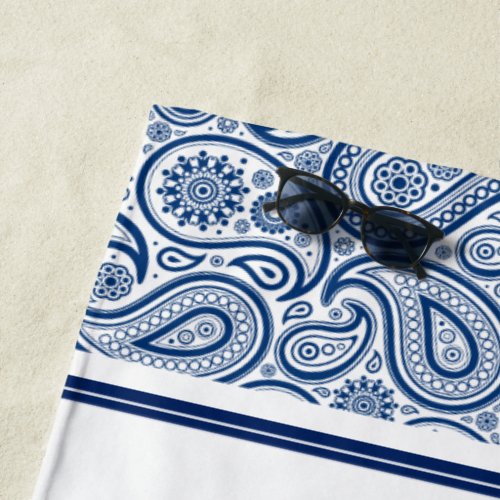 Elegant navy_blue and white vintage paisley beach towel
