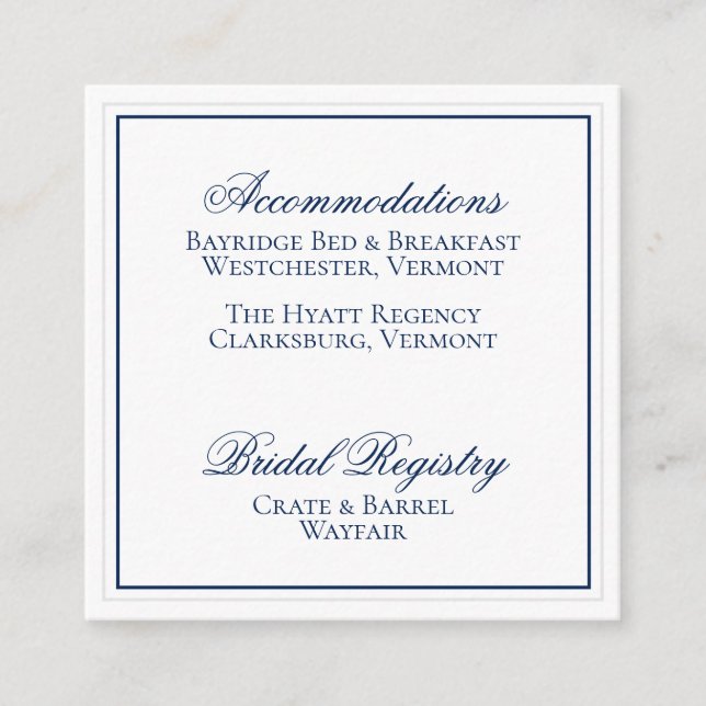 Elegant Navy Blue and White Wedding Details Card (Front)