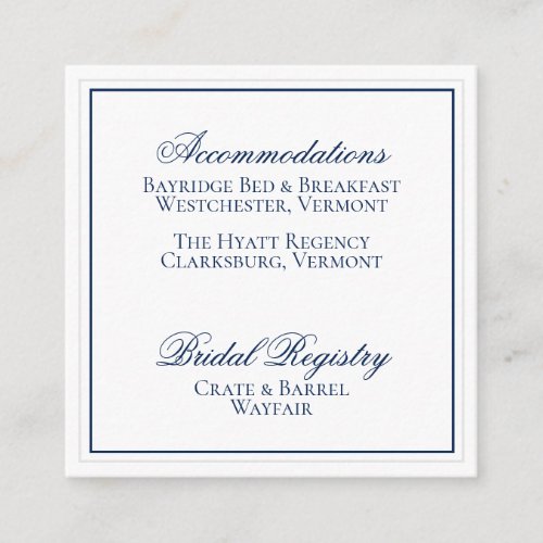 Elegant Navy Blue and White Wedding Details Card