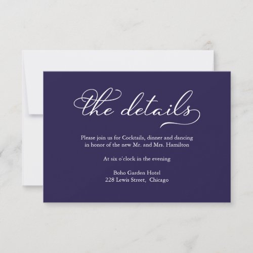 Elegant Navy Blue And White Wedding Details Card