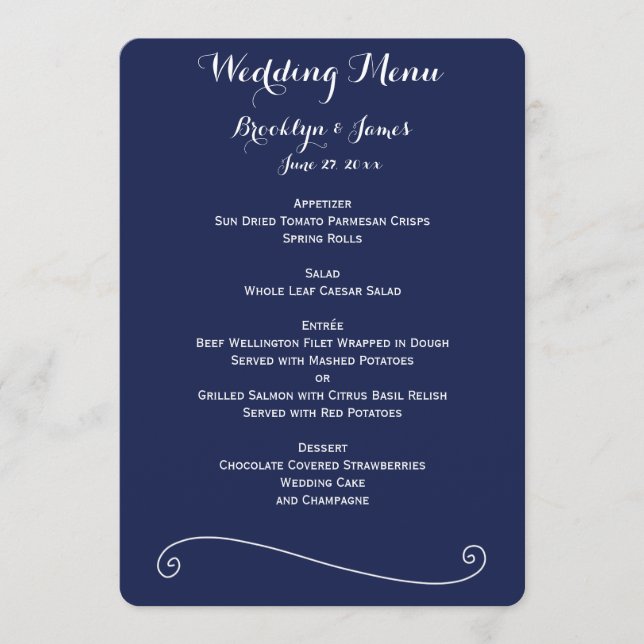 Elegant Navy Blue And White Wedding Menu (Front)