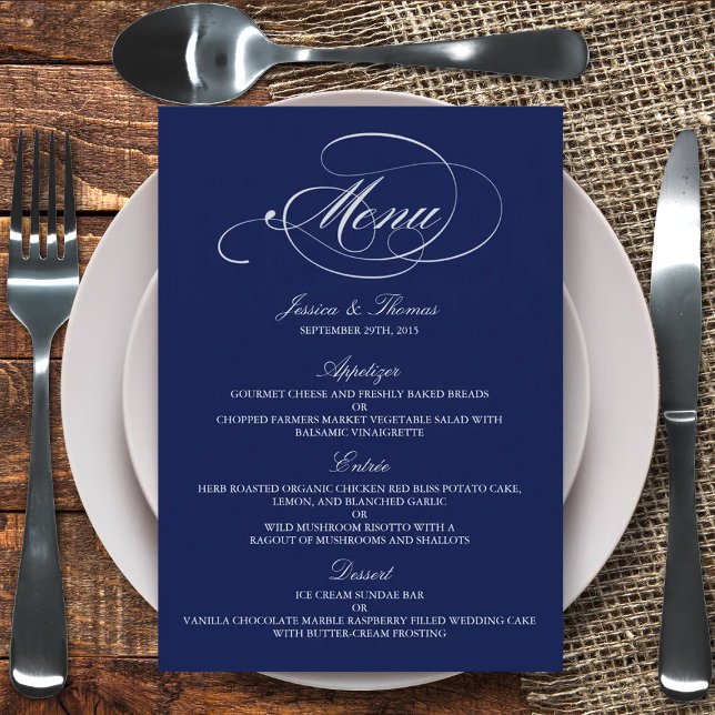 Elegant Navy Blue And White Wedding Menu Templates (Creator Uploaded)