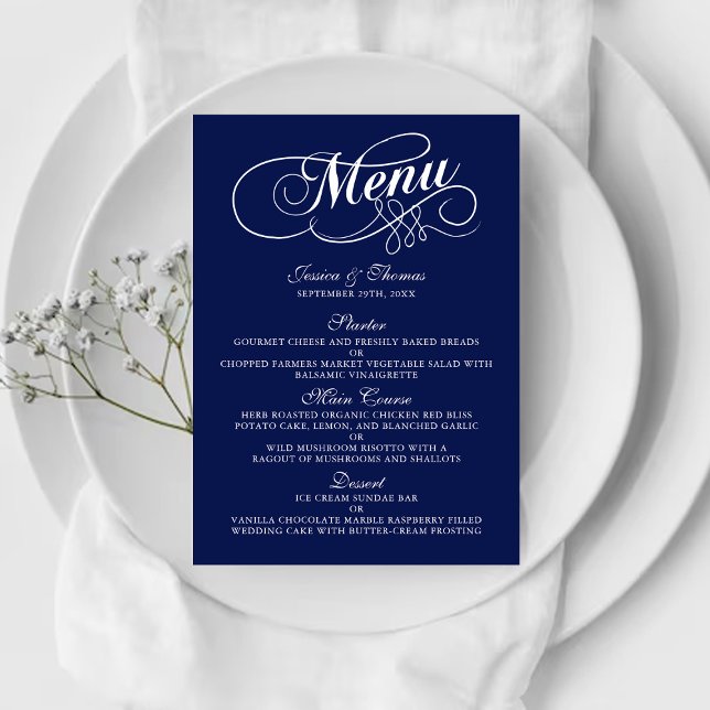 Elegant Navy Blue And White Wedding Menu Templates (Creator Uploaded)