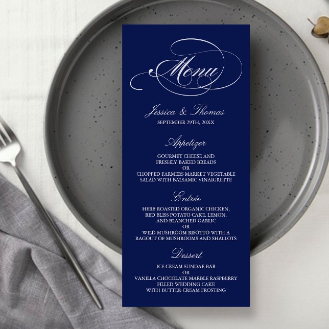 Elegant Navy Blue And White Wedding Menu Templates (Creator Uploaded)