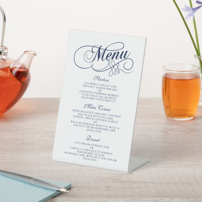 Elegant Navy Blue And White Wedding Menu Templates Pedestal Sign (In SItu)