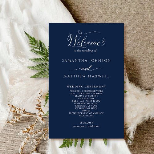 Elegant Navy Blue and White Wedding Program