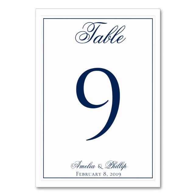 Elegant Navy Blue and White Wedding Table Numbers (Front)