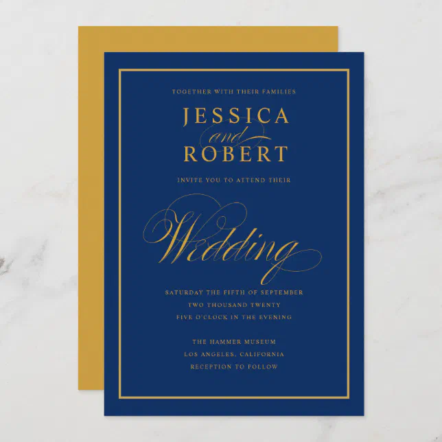 Elegant Navy Blue and Yellow Gold Wedding Invitation | Zazzle