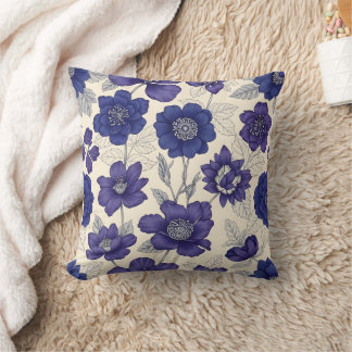 elegant Navy Blue Anemone Floral Throw Pillow