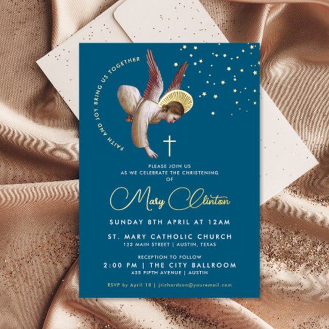 Elegant Navy Blue Angel Cross Religious Baptism  Foil Invitation (Creator Uploaded)