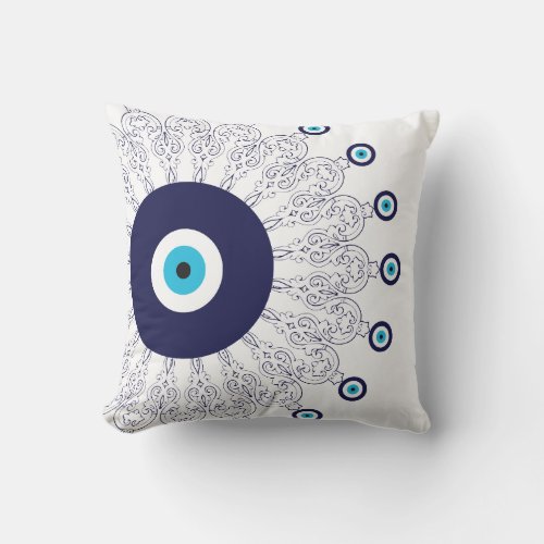 Elegant Navy Blue Aqua Evil Eye Boho Chic Mandala Throw Pillow
