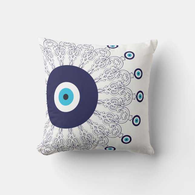 Elegant Navy Blue Aqua Evil Eye Boho Chic Mandala Throw Pillow (Front)