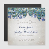 Elegant Navy Blue Aqua Peacock Feathers Typography Magnetic Invitation (Front/Back)