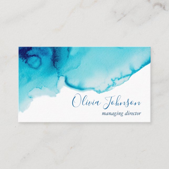 Elegant Navy Blue Aqua Watercolor Business Card (Front)
