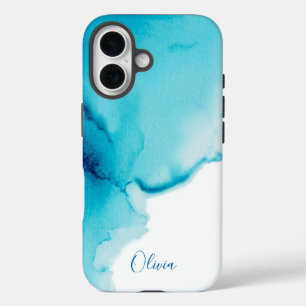 Elegant Navy Blue Aqua Watercolor iPhone 16 Case