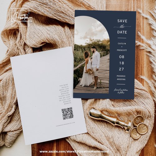 Elegant Navy Blue Arch Photo QR Code Save the Date Invitation