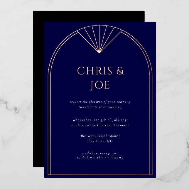 Elegant Navy Blue Art Deco Arch Wedding Foil Invitation (Front/Back)