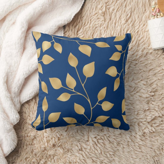 Elegant Navy Blue Backround with Gold Leaf Branch Throw Pillow (Blanket)