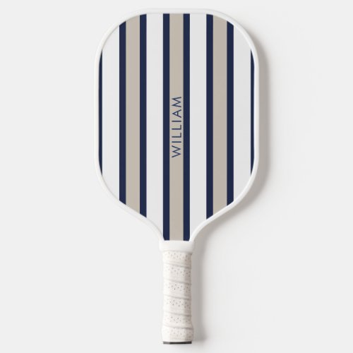 Elegant Navy Blue  Beige Stripes Personalized Pickleball Paddle