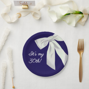 Elegant Navy Blue Birthday Paper Plate- White bow  Plates
