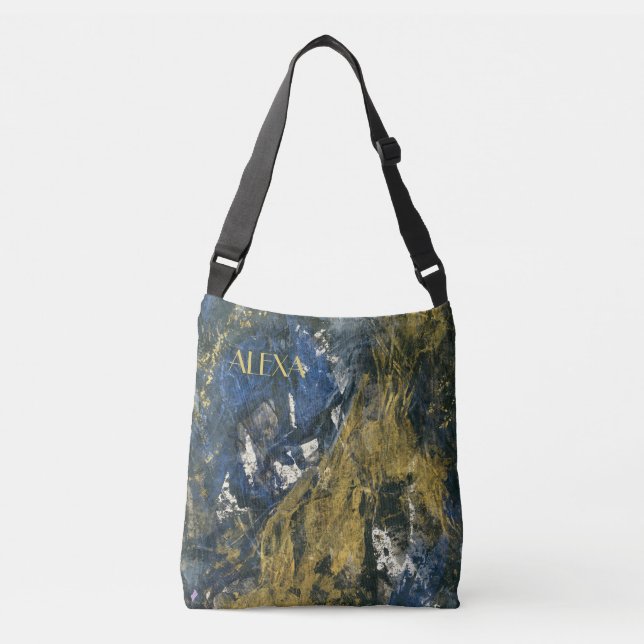 Elegant Navy Blue Black Gold Abstract Crossbody Bag (Front)