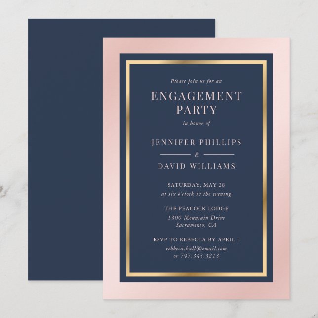 Elegant Navy Blue Blush and Gold Engagement Party Invitation (Front/Back)