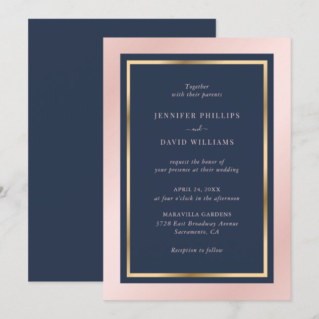 Elegant Navy Blue Blush and Gold Wedding Invitation (Front/Back)