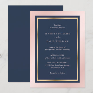 Elegant Navy Blue Blush and Gold Wedding Invitation