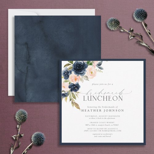 Elegant Navy Blue Blush Floral Bridal Luncheon Invitation
