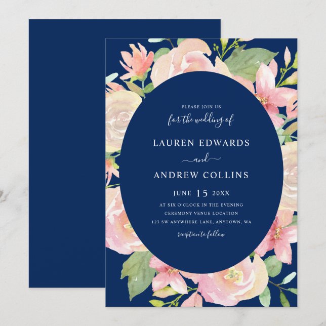 Elegant Navy Blue Blush Floral Frame Wedding Invitation (Front/Back)