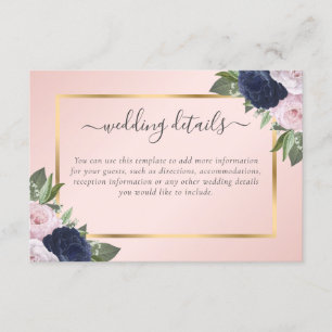 Elegant Navy Blue Blush Floral Wedding Details Enclosure Card