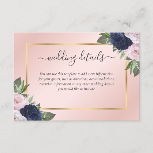 Elegant Navy Blue Blush Floral Wedding Details Enclosure Card