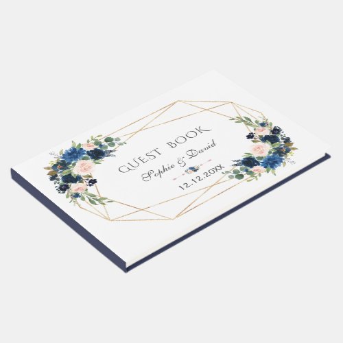 Elegant Navy Blue Blush Flowers Bloom Gold Wedding Guest Book