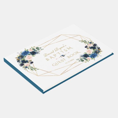 Elegant Navy Blue Blush Flowers Gold Boy Baptism Guest Book