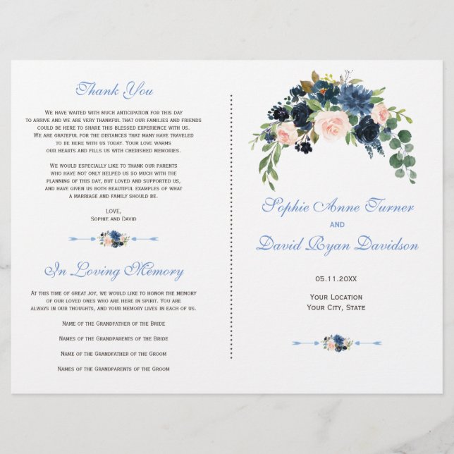 Elegant Navy Blue Blush Flowers Wedding Program Flyer (Front)