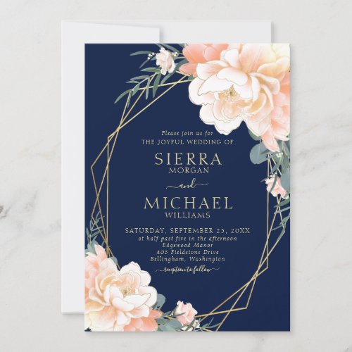 Elegant Navy Blue Blush Gold Peach Floral Wedding Invitation