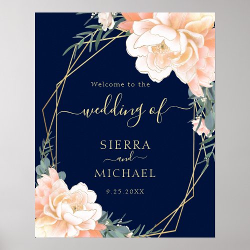 Elegant Navy Blue Blush Gold Peach Floral Wedding Poster