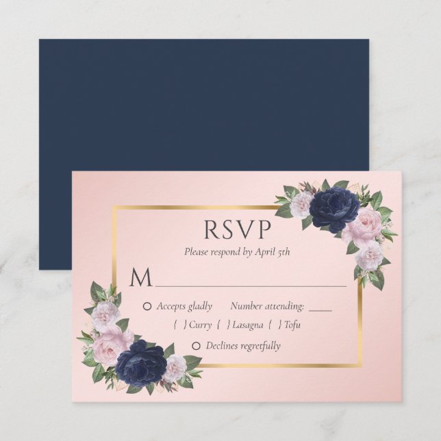 Elegant Navy Blue Blush Gold Wedding RSVP Cards (Front/Back)