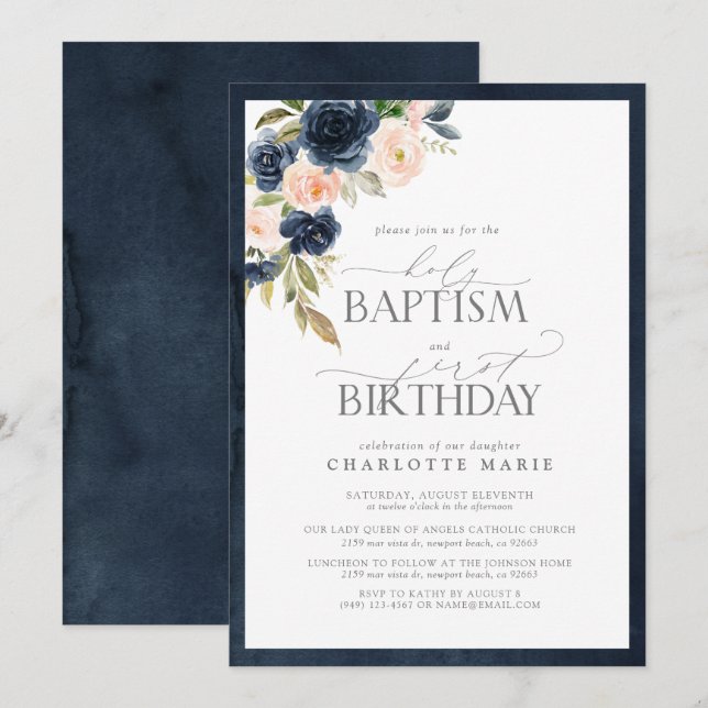 Elegant Navy Blue Blush Pink Baptism 1st Birthday Invitation (Front/Back)
