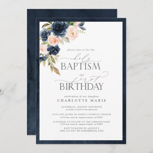 Elegant Navy Blue Blush Pink Baptism 1st Birthday Invitation