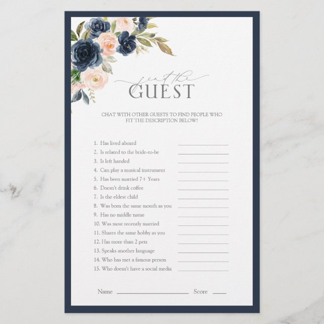 Elegant Navy Blue Blush Pink Bridal Shower Game (Front)