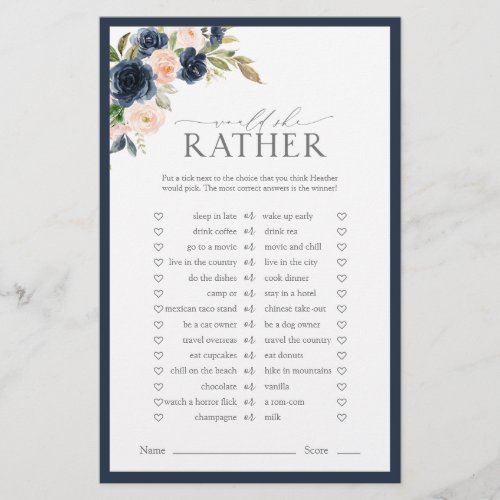 Elegant Navy Blue Blush Pink Bridal Shower Game