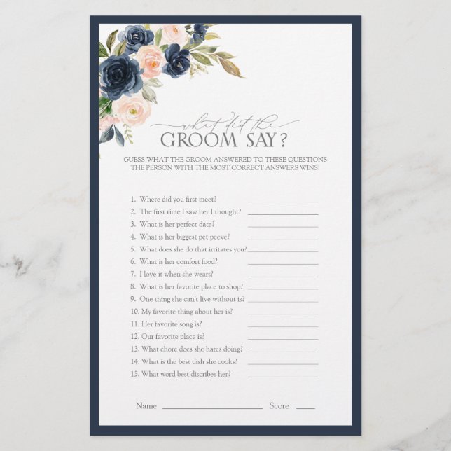 Elegant Navy Blue Blush Pink Bridal Shower Game (Front)