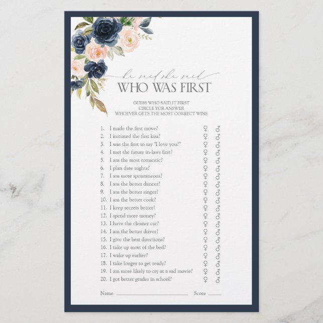 Elegant Navy Blue Blush Pink Bridal Shower Game (Front)