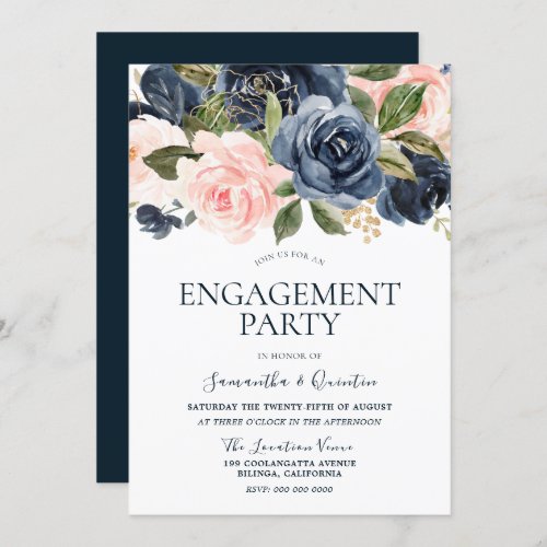 Elegant Navy Blue  Blush Pink Engagement Party Invitation
