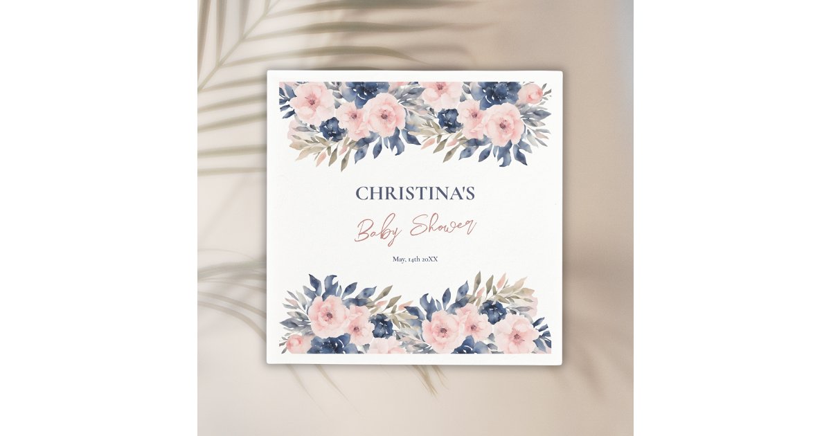 Elegant Navy Blue Blush Pink Floral Baby Shower Napkins | Zazzle