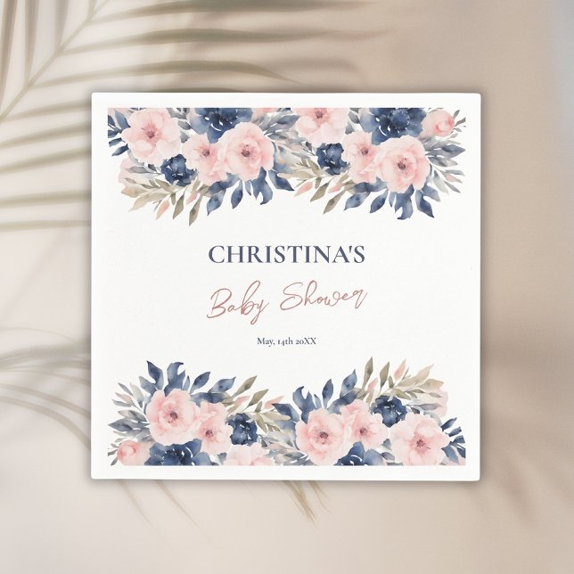 Elegant Navy Blue Blush Pink Floral Baby Shower Napkins (Creator Uploaded)