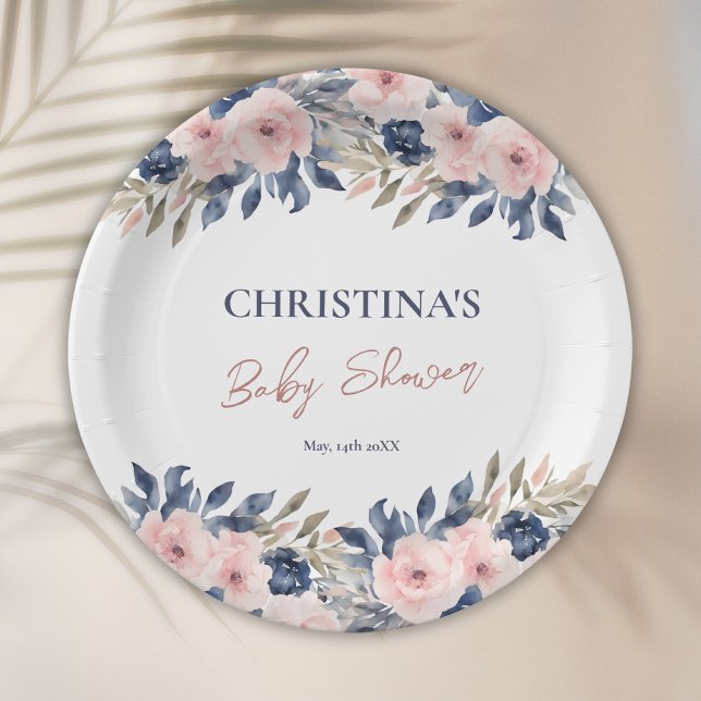 Elegant Navy Blue Blush Pink Floral Baby Shower Paper Plates (Creator Uploaded)