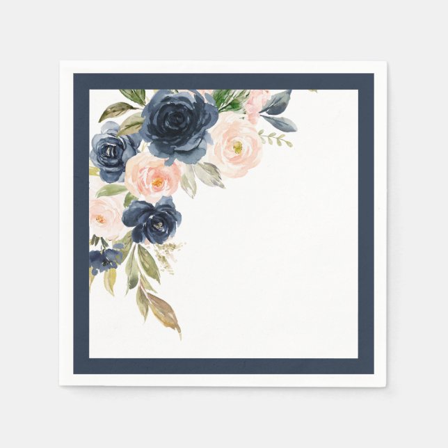 Elegant Navy Blue Blush Pink Floral Bridal Shower Napkins (Front)