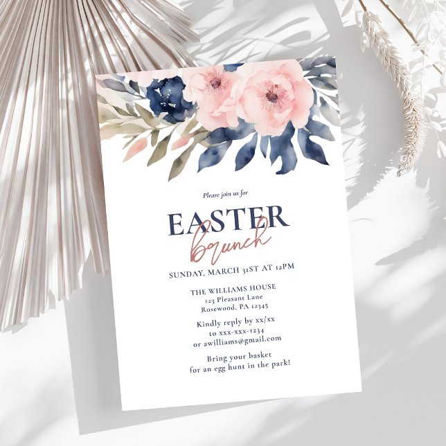 Elegant Navy Blue Blush Pink Floral Easter Brunch Invitation (Creator Uploaded)